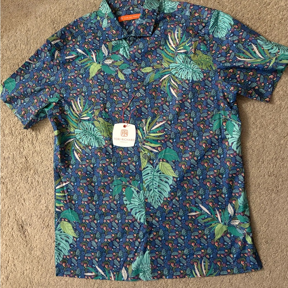 NWT Tori Richard Blue Tropical Print Hawaiian Shirt size Small